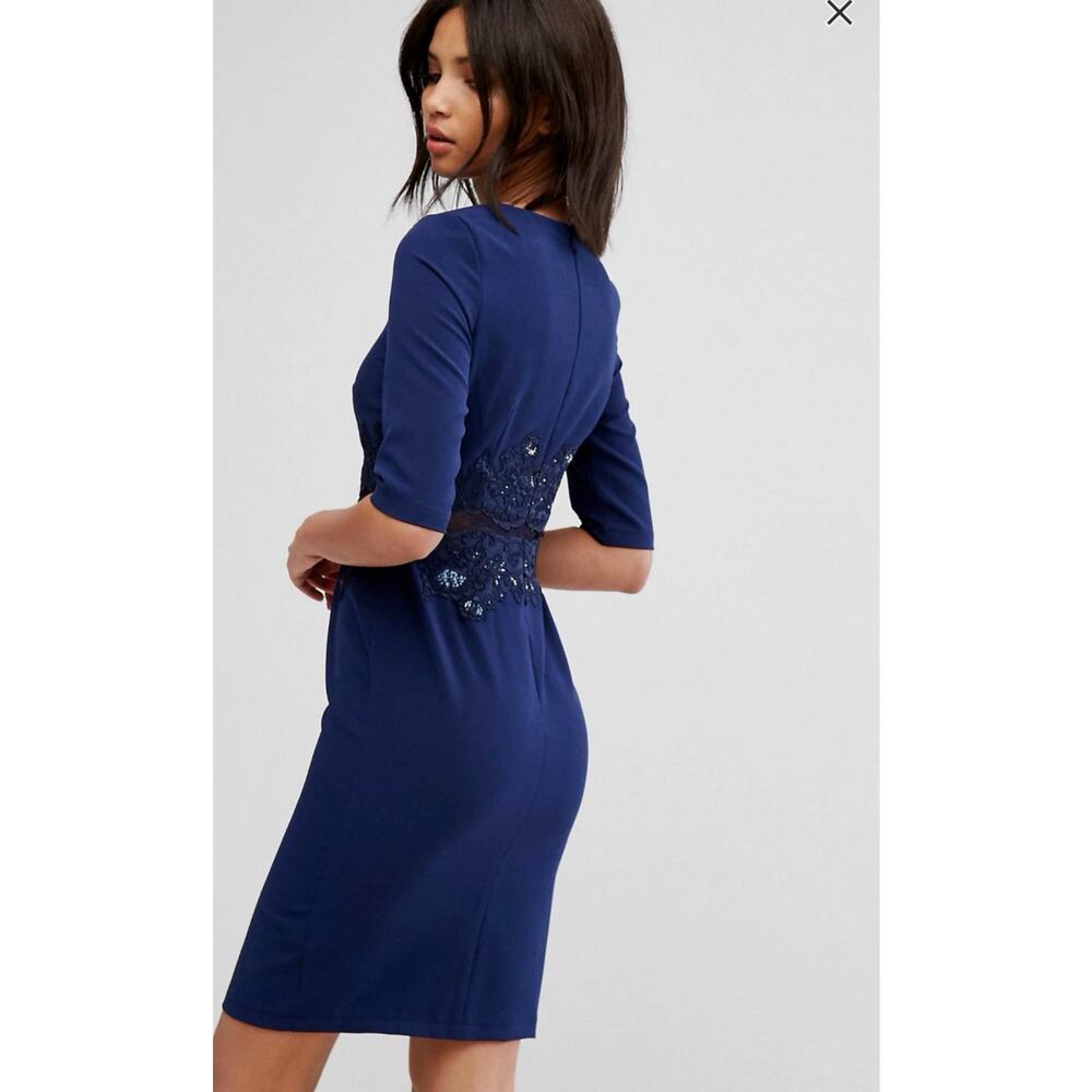 Little Mistress Lace Detail Three Quarter Sleeve Sheath Dress Size 6 Navy - Picture 4 of 9